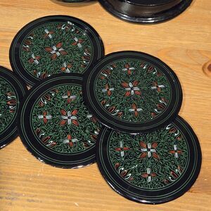 Set Of 5 Coasters with Holder, Vintage Burmese Lacquer Hand Painted Wood
